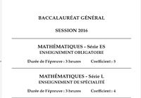 Bac Mathématiques 2016 Séries L-ES Pondichéry